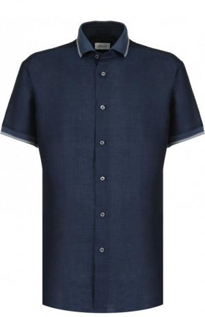 Рубашка с короткими рукавами из смеси льна и хлопка Brioni. Цвет: темно-синий
