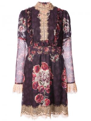 Платье с высокой горловиной и принтом роз Anna Sui. Цвет: розовый и фиолетовый