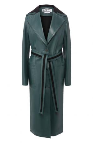 Кожаное пальто с поясом Loewe. Цвет: зеленый
