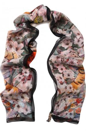 Шелковый шарф с цветочным принтом и брошью Roberto Cavalli. Цвет: оранжевый