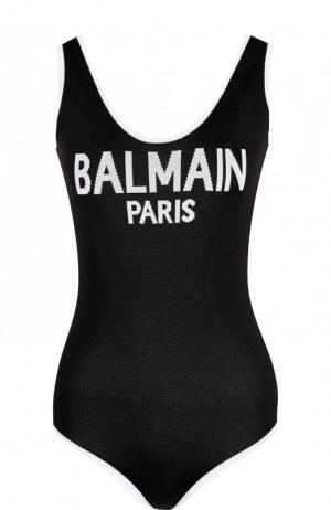 Вязаное боди с открытой спиной и логотипом бренда Balmain. Цвет: черный