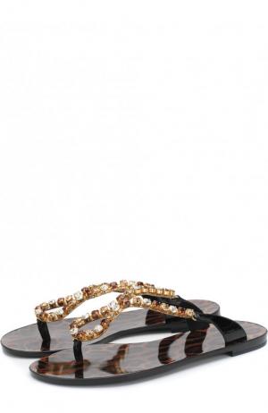 Кожаные шлепанцы с кристаллами Dolce & Gabbana. Цвет: черный