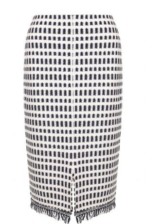 Вязаная юбка-карандаш из смеси хлопка и шерсти с бахромой St. John. Цвет: темно-синий