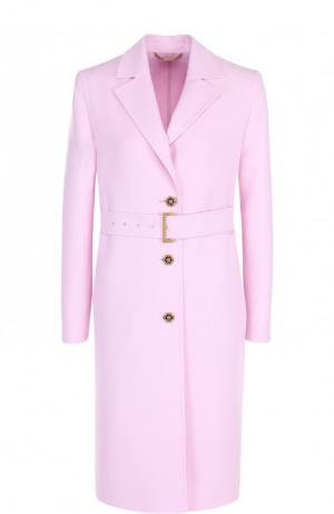 Однотонное шерстяное пальто с поясом Versace. Цвет: розовый