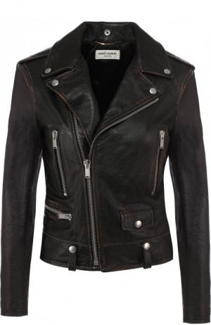 Однотонная кожаная куртка с косой молнией Saint Laurent. Цвет: черный