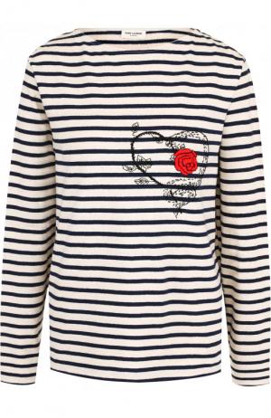 Хлопковый пуловер в полоску с декоративной вышивкой Saint Laurent. Цвет: белый