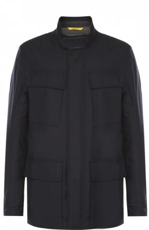 Утепленная куртка из смеси шерсти и шелка с отделкой натуральной кожи Canali. Цвет: темно-синий