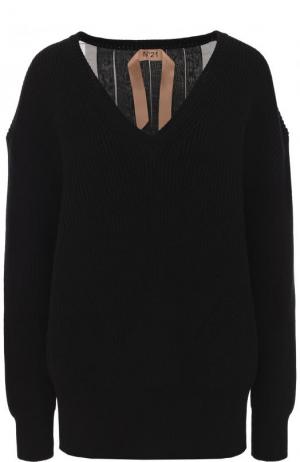 Хлопковый пуловер с шелковой плиссированной спинкой No. 21. Цвет: черный