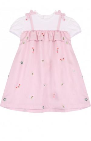 Хлопковое платье с принтом и оборкой Il Gufo. Цвет: розовый