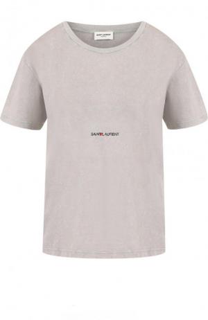 Хлопковая футболка с логотипом бренда Saint Laurent. Цвет: серый