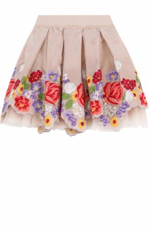 Многослойная мини-юбка с вышивкой и фигурным подолом Monnalisa. Цвет: бежевый