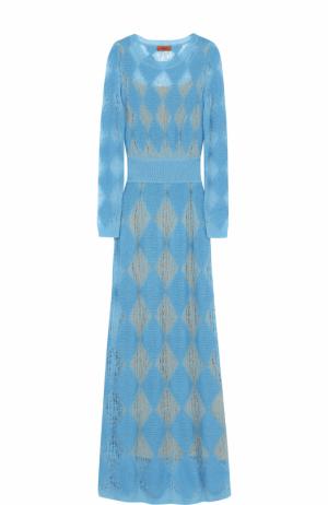 Приталенное вязаное платье-макси с длинным рукавом Missoni. Цвет: голубой