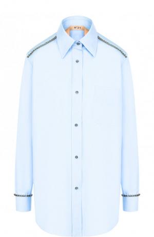 Хлопковая блуза с накладным карманом и декоративной отделкой No. 21. Цвет: голубой