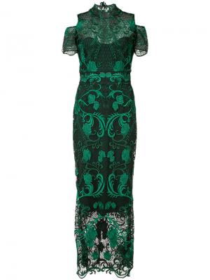 Платье с вышитыми розами Marchesa Notte. Цвет: зелёный