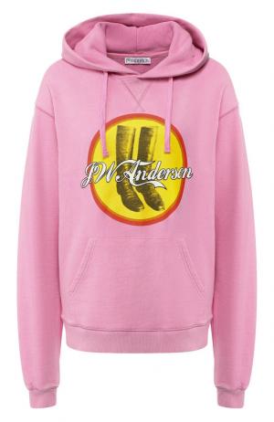 Хлопковый пуловер с капюшоном и принтом J.W. Anderson. Цвет: розовый