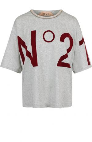 Хлопковая футболка с круглым вырезом и логотипом бренда No. 21. Цвет: серый