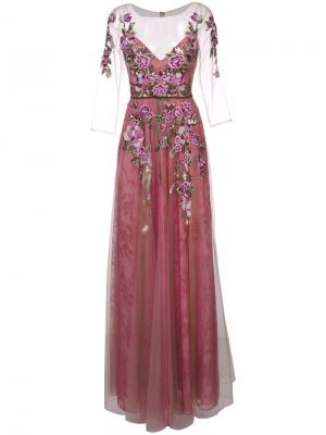 Вечернее платье с цветочной вышивкой Marchesa Notte. Цвет: розовый и фиолетовый
