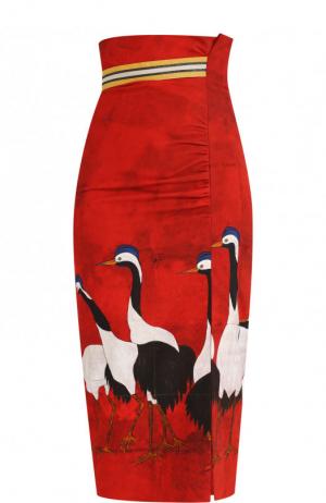 Хлопковая юбка-миди с завышенной талией и принтом Stella Jean. Цвет: красный