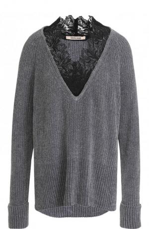 Шелковый пуловер с кружевной отделкой Roberto Cavalli. Цвет: серый