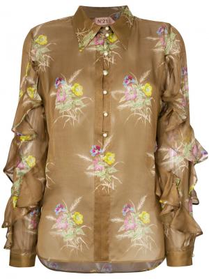 Блузка с рюшами и цветочным принтом Nº21. Цвет: коричневый