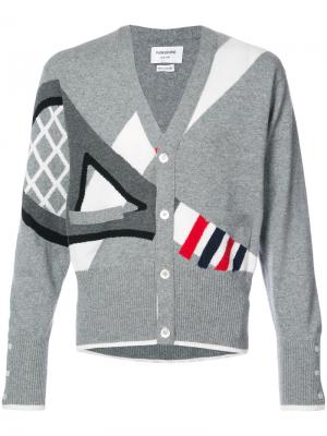 Classic V-neck Cardigan With Tennis Racket Intarsia In Cashmere Thom Browne. Цвет: серый