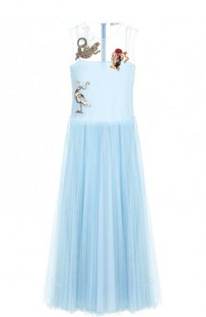 Однотонное платье-миди с круглым вырезом и декоративной отделкой REDVALENTINO. Цвет: голубой