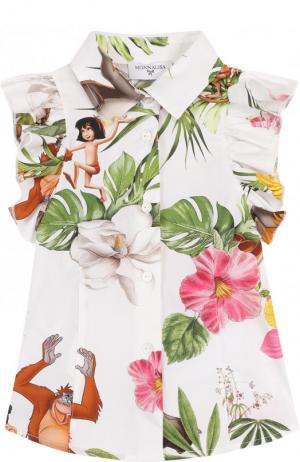 Хлопковая блуза с принтом и оборками Monnalisa. Цвет: разноцветный