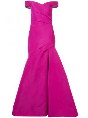 Длинное раклешенное платье с открытыми плечами Monique Lhuillier. Цвет: розовый и фиолетовый