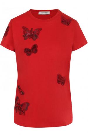 Хлопковая футболка с отделкой в виде бабочек Valentino. Цвет: красный
