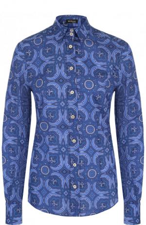 Хлопковая приталенная блуза с принтом Kiton. Цвет: синий