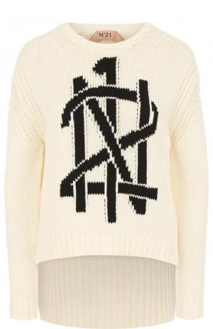 Хлопковый пуловер с удлиненной спинкой и логотипом бренда No. 21. Цвет: бежевый