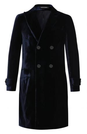 Двубортное пальто из вискозы Emporio Armani. Цвет: темно-синий
