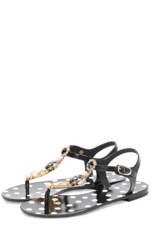 Резиновые сандалии с кристаллами Dolce & Gabbana. Цвет: черно-белый